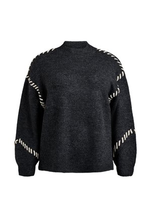 Tmavě šedý pletený svetr s kulatým výstřihem, nadměrnými rukávy a krémovým zdobným prošíváním podél ramen a po stranách.