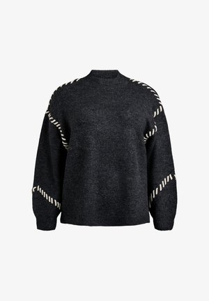 Dark gray knitted sweater featuring a round neck, oversized sleeves, and cream decorative stitching along the shoulders and sides.