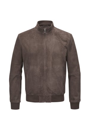 Braune Wildleder-Bomberjacke mit durchgehendem Frontreißverschluss, Stehkragen, Seitentaschen sowie gerippten Bündchen an Ärmeln und Saum.