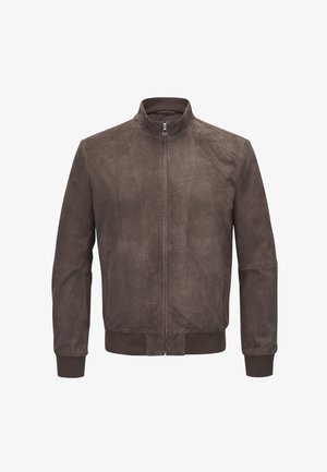 Braune Wildleder-Bomberjacke mit durchgehendem Frontreißverschluss, Stehkragen, Seitentaschen sowie gerippten Bündchen an Ärmeln und Saum.