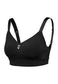 Schwarzer Sport-BH mit V-Ausschnitt, verstellbaren Trägern und strukturiertem Bund. Auf der Vorderseite befindet sich ein weißes Logo mit drei Chevron-Streifen.