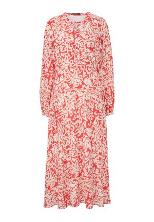 Langärmliges Kleid in Koralle mit weißem Blumenmuster. Verfügt über einen runden Ausschnitt und geraffte Details. Leichte Stoffqualität mit fließender Silhouette.