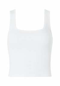 White ribbed tank top featuring a square neckline and thick straps, made from a soft, stretchy fabric with a fitted design.