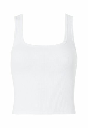 Weißes, geripptes Tanktop mit quadratischem Ausschnitt und breiten Trägern, aus einem weichen, dehnbaren Stoff gefertigt und tailliert geschnitten.