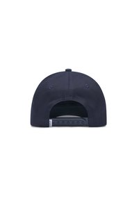 Mørkeblå baseballcaps i stoff med en glatt tekstur, med plast snapback-lukking og et logomerke på siden.