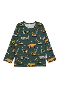 Grünes Langarmshirt mit verschiedenen Baustellenfahrzeugen in Gelb, Grau und Orange, Rundhalsausschnitt und verspieltem Muster.