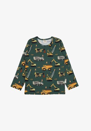 Green long-sleeve shirt featuring various construction vehicles in yellow, gray, and orange, with a round neck and playful pattern.
