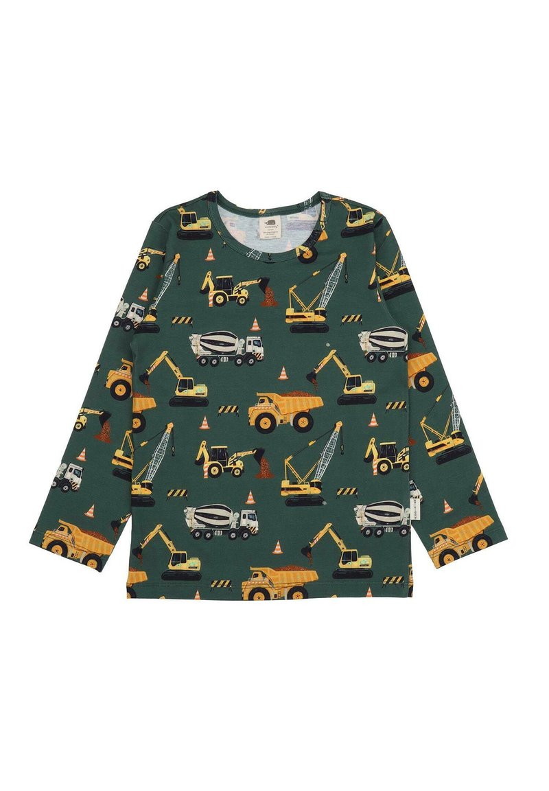 Grünes Langarmshirt mit verschiedenen Baustellenfahrzeugen in Gelb, Grau und Orange, Rundhalsausschnitt und verspieltem Muster.