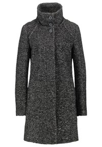 En mörkgrå, strukturerad kappa med högt krage och tre knappar fram, designad för en stilren och varm ytterkläder.