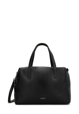 Black leather bag with two top handles and detachable shoulder strap. Features smooth texture and subtle brand logo on the front.