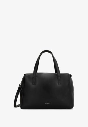 Black leather bag with two top handles and detachable shoulder strap. Features smooth texture and subtle brand logo on the front.