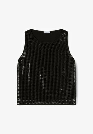 Mouwloos zwart crop top bedekt met verticale rijen glanzende zwarte pailletten, met een ronde halslijn en een rechte zoom.