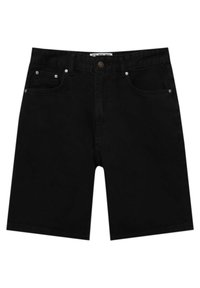 Pantalones cortos de mezclilla negra con corte recto, con cierre de botón, cinco bolsillos y detalles metálicos. Textura suave y sin patrones visibles.