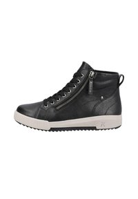 Baskets haute en cuir noir avec lacets et fermeture éclair sur le côté, semelle en caoutchouc et accents blancs. Fini texturé avec un design de semelle contrasté.