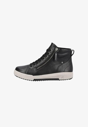 Baskets haute en cuir noir avec lacets et fermeture éclair sur le côté, semelle en caoutchouc et accents blancs. Fini texturé avec un design de semelle contrasté.