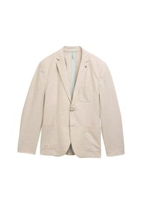 Helles beige Leinenblazer mit einem Knopf, zwei frontalen Taschen und einem kontrastierenden blauen Reißverschluss. Auffällig durch seinen strukturierten Stoff und das schlichte Design.