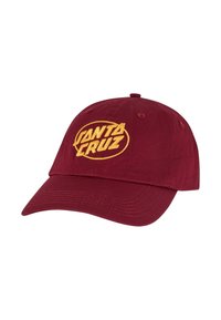 Bordeaux bomull baseball-cap med buet skygge og brodert gult "SANTA CRUZ"-logo foran. Har ventilasjonsøyelater.