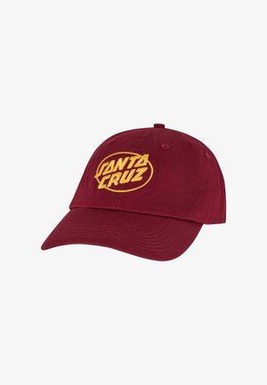 Bordeauxrotes Baumwoll-Baseballcap mit gebogenem Schirm und gesticktem gelben "SANTA CRUZ"-Logo auf der Vorderseite. Mit Belüftungsösen ausgestattet.