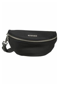 Marsupio in nylon nero con design arrotondato, dotato di una cerniera e di un logo argentati. Include una tracolla regolabile per una vestibilità sicura.
