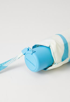 Blue insulated water bottle in a white fabric sleeve with blue stripes. Features a circular base and a strap for easy carrying.
