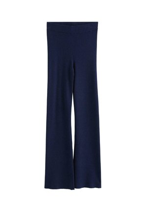 Pantalons large en tricot côtelé marine avec une taille élastique, offrant une coupe décontractée et une texture lisse. Pas de poches ni de détails supplémentaires.