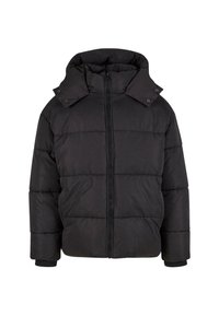 Svart boblejakke med høy krage, glidelås foran og trykknapper. Har et quiltet design og ribbede ermer for varme.
