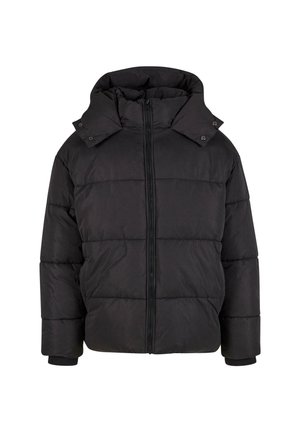 Schwarze Steppjacke mit hohem Kragen, vorderem Reißverschluss und Druckknöpfen. Verfügt über ein gesteppte Design und gerippte Bündchen für Wärme.