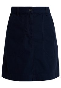 Tummansininen puuvillahame, jossa on nappikiinnitys, ja kahdet etutaskut. Suora leikkaus. Sileä pinta ja siistit saumat.