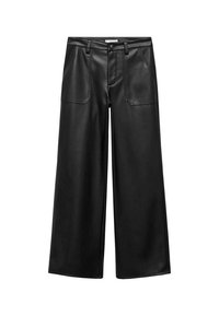 Černé široké kalhoty z hladké ekologické kůže. Obsahují přední kapsy a vysoký pas s klasickým zapínáním na knoflík.