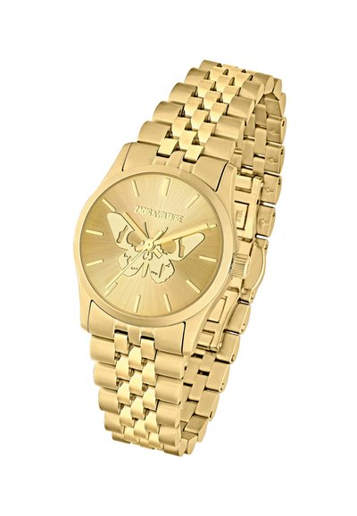 Zlatni sat s narukvicom od nehrđajućeg čelika, s teksturiranim brojčanikom koji ima dizajn leptira i minimalističke oznake sati.