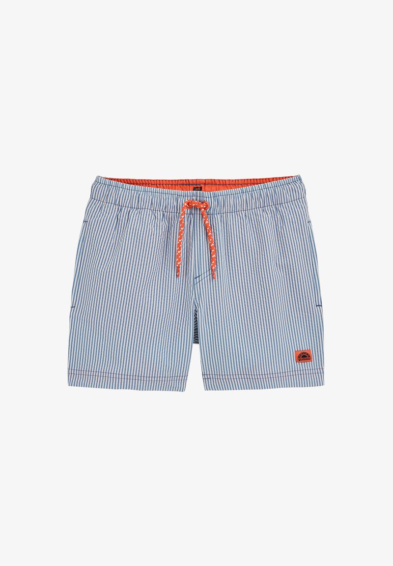Maillot de bain bleu clair à rayures avec une taille élastique, un cordon orange et un petit patch logo sur le côté inférieur.