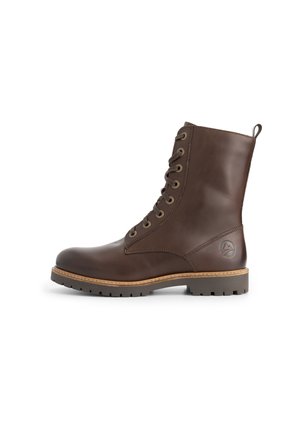 Brown leather lace-up boot with a round toe, tan stitching, and textured rubber sole. Features a pull tab and logo detail on the heel.