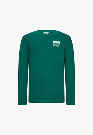 Camicia a maniche lunghe in cotone verde scuro, con un logo bianco stampato sul petto. Collo rotondo e vestibilità standard con una texture liscia.