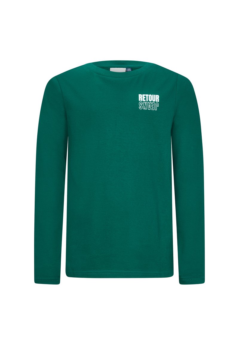 Camicia a maniche lunghe in cotone verde scuro, con un logo bianco stampato sul petto. Collo rotondo e vestibilità standard con una texture liscia.