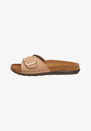 Beige slidesandal med en bred rem, der har en rektangulær guldbuckle, en polstret sål og en fleksibel brun ydersål.