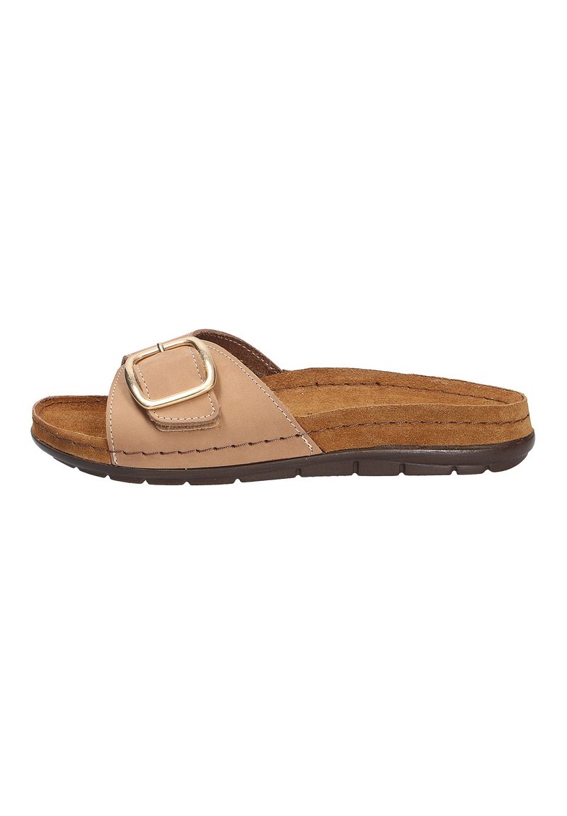 Beige slide sandal med en bred rem som har en rektangulär guldbuckle, en dämpad fotbädd och en flexibel brun sula.