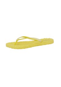 Yellow flip-flop with braided textured sole and thin straps on plain white background.