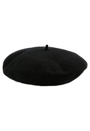 Svart ullberet med rund form och en liten tofs på toppen, med en mjuk, texturerad yta utan synliga mönster eller detaljer.