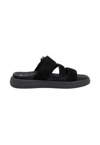 Black suede slide sandals with three cross straps and a cushioned outsole, featuring a smooth texture and a lightweight design.
