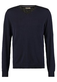Maglione a V blu navy realizzato in tessuto morbido, con maniche lunghe e orlo e polsini a costine per un look aderente.