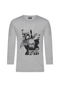 Graues Langarm-T-Shirt mit einem schwarzen Motiv von Boba Fett aus Star Wars; enthält den Text "BOBA FETT" in fettgedruckten Buchstaben.