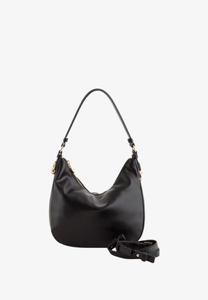 Black leather handbag with a soft, rounded shape. Features a gold zipper and hardware, and includes a detachable strap for versatility.