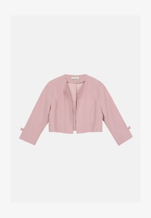 Vaaleanpunainen lyhyt takki, jossa on pyöreä pääntie, kolmannelta neljännekseltä hihat ja nauha-yksityiskohdat hihoissa. Sujuva rakenne ja minimalistinen muotoilu.