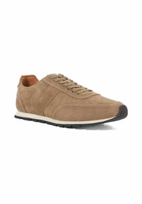 Suede brown sneaker with a lace-up design, contrasting light sole, rounded toe, and textured side panel details. Minimalist and modern shape.