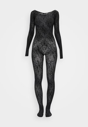 Bodysuit en dentelle noire à manches longues, présentant des motifs floraux complexes, un décolleté arrondi et une couverture complète des pieds. Tissu lisse et texturé.