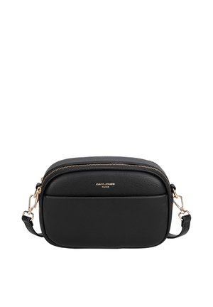Black leather crossbody bag with gold zipper and clips, front pocket, and "David Jones Paris" logo in gold lettering.