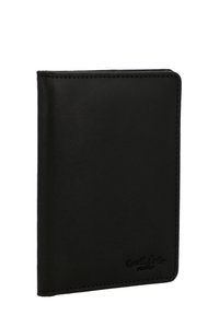 Mustast nahast rahakott sujuva tekstuuriga, millel on õmbeldud serv ja sissepressitud brändi logo alumisel ees. Kompaktne ja ristkülikukujuline kuju.