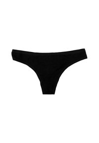 String noir en tissu doux, présentant un design taille basse avec des côtés étroits et une finition sans coutures. Pas de motifs ni de détails en métal.