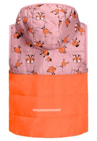 Gilet rembourré avec une capuche rose ornée de personnages de dessins animés noirs et oranges, et une partie inférieure orange avec une bande réfléchissante.