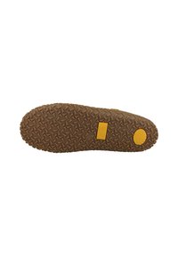 Semelle de chaussure en caoutchouc marron avec un motif texturé, dotée d'une étiquette logo jaune et d'un accent circulaire sur le côté. Taille 42 indiquée.
